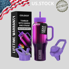 NEW 46oz Insulated Tumbler Handle Straw Spill Proof Steel Cup Purple Nova picture