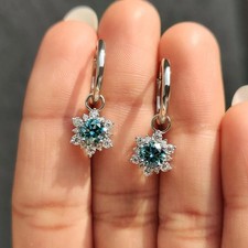 RARE 3.20 Ct Treated Blue Diamond Solitaire Dangle Earrings 925 Sterling Silver picture