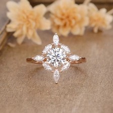 Round Marquise Cut Lab-created Diamond Wedding Ring 14K Rose Gold Plated Silver picture