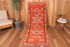 Geometric Kurdish Herki Rug, Turkish Rug, Boho Runner, 2.8 x 7.8 ft, Red and Ora picture