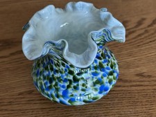 VTG Fenton Vasa Murrhina Blue Green Adventurine Vase Ruffle Edge MINT picture