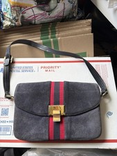 Vintage 70s Saks Fifth Avenue Suede Shoulder Bag Clutch Navy Blue Red Stripe picture