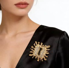 Schiaparelli Inspired Keyhole Brooch Surrealist Gold With Rhinestones picture
