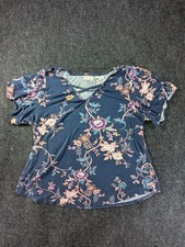 24/7 Maurices Blouse Top Women XXL Blue Floral V Neck Modern picture