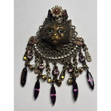 Vintage Sweet Romance USA Crowned Cat Brooch Rhinestone Dangle picture
