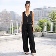 TOXIK3 Black Satin Feel Jumpsuit Wide Leg Zip Front Minimalist Chic Lounge M picture