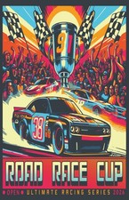 ROAD RACE CUP Racing Winners Trophy Checkered Flag Cheering  Bright Vivid Colors picture
