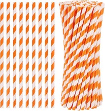 100 Pcs Biodegradable Paper Straws, Orange Striped for Drinks, Parties, Crafts picture