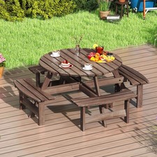 8-Person Round Picnic Table Set w/ 4 Built-in Benches 2