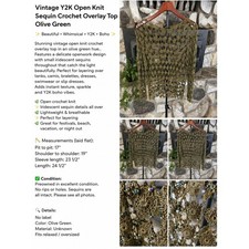 Vintage Y2K Open Knit Sequin Crochet Overlay Top Olive Green Boho Festival picture