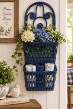 Vintage Blue Wicker Wall Basket 2 Tier Hanging Organizer Cottage Farmhouse 15” picture