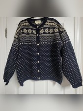 Vintage Eddie Bauer Blue White Celtic Snowflake Fair Isle Cardigan Sweater. picture