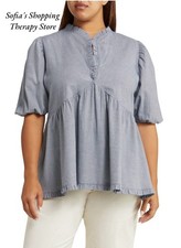 HARSHMAN Sz 3X Navy Houndstooth Aiya Peplum Blouse Top Wool Cotton Ruffled Trim picture