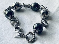 Simona Collini Silver Tone Stainless Steel Black Bead Toggle Bracelet, 8.75” picture