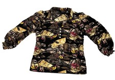 Women’s Vintage Abstract Floral Long Sleeve Collared Blouse Black Yellow Pink picture
