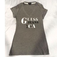 VTG Y2K Guess Jeans LA CA Rhinestone Graphic V Neck T Shirt Gray S picture