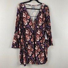 Catherines Dream Drape Zip V-Neck Top Size 5X Tunic Black Floral Stretch picture