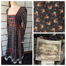 Vintage Gunne Sax Prairie Dress Square Neck Ribbon Side Ties Black Floral Boho S picture