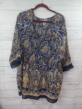 Catherines Blouse Pleated Crinkle 1/2 Sleeve Blue Gold Plus Sz 22/24W Beaded picture
