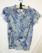 Joie Women’s Blue/White Floral Ruffle V-Neck Button Chiffon Blouse S picture