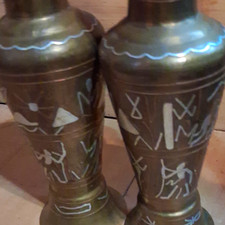 Bronze Metal Decorative Vase Set Pair w/ Egyptian-Style Hieroglyph Etching picture