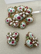 Vintage High End Brooch Earrings Set Rhinestones Milk Glass Gold Tone picture