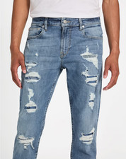 Guess Slim Tapered Eco Finnley Denim Jeans Mens 34 Blue Mid Rise Distressed picture