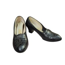 Vintage 30's-40's Enna Jettick Black Leather Embroidered Cuban Heel Pumps 6.5 B picture