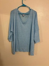 Chico’s Size 3 XL 100% Linen Top Blue White Striped V Neck Coastal picture