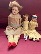 Antique Lot of 3 Composition & Cloth Girl Dolls Blue Eyes Brown Wavy Hair picture