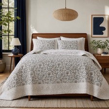 NEW West Elm Blue White Botanical Reversible Queen King Bedding Quilt & Sham Set picture