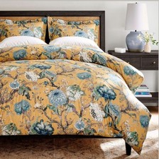 Pottery Barn Dahlia Floral King Duvet Cover Golden ow Cotton Bedding Green Brown picture