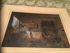 Antique 1873 J. Andrews Watercolor Painting Blacksmith Shop Interior Art Realism picture
