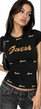 GUESS Women’s Black Gold Logo Sequin T-Shirt Size M Y2K McBling Graphic Tee picture