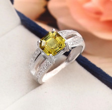 4.Ct Asscher Cut Natural Yellow Sapphire & Diamond Wedding Ring 14K White Gold picture