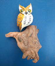 Vintage Hand Painted Carved Wood Owl Sculpture on Natural Driftwood Base  picture