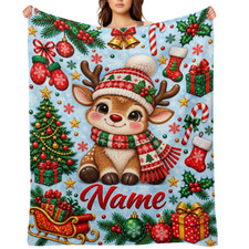 Personalized Christmas Reindeer Fleece Blanket Custom Name  Holiday Gift picture