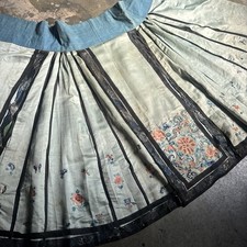 Antique Chinese Skirt Qing Dynasty Blue Silk Forbidden Stitch Embroidery Vintage picture