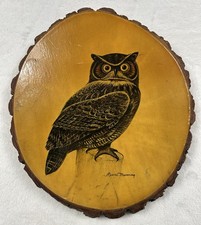 Ruane Manning Owl On Glazed Wood Pine Slab Made In USA Wisconsin Dells Vintage picture