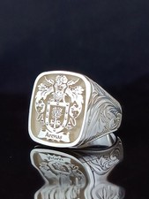 Engraved Silver Signet Ring Family Crest Coat of Arms Heraldic Shield Gift Men picture
