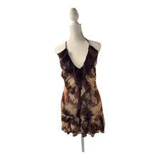 Halter Ruffle Dress Brown Mesh Print Y2K Vintage picture