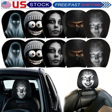 2pcs Halloween Spooky Ghost Face Car Headrest Cover Prank, Breathable Material picture