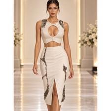 Custom Cream Embellished Crop Top & Coordinated Front Slit Midi Skirt Set Size M picture