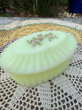 Vintage Fenton Custard Uranium glass Pink Blossom 2 Piece Trinket Box Dish Glows picture