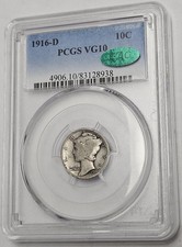 1916 D Denver Mint Mercury Dime 10c PCGS VG 10 CAC Green Sticker picture