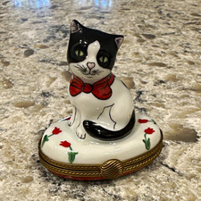 Limoges France Hand Painted Hinged Porcelain Black and White Cat Trinket Box picture