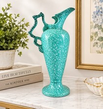 Vintage Hull Pottery Ewer, Turquoise Spatter Mid Century Vase Coastal Home Decor picture