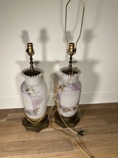 VTG Pair Hand Painted Milk Glass Lamps Brass Filigree Base Victorian-UNTESTED picture