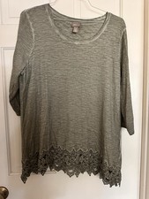 Chico’s Women’s Size 3 Olive Green Burnout Tunic Top Lace Hem 3/4 Sleeve picture