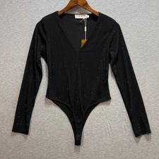 Lizette Collection Rhinestone Bodysuit Womens L Black V-Neck Long Sleeve Glam picture